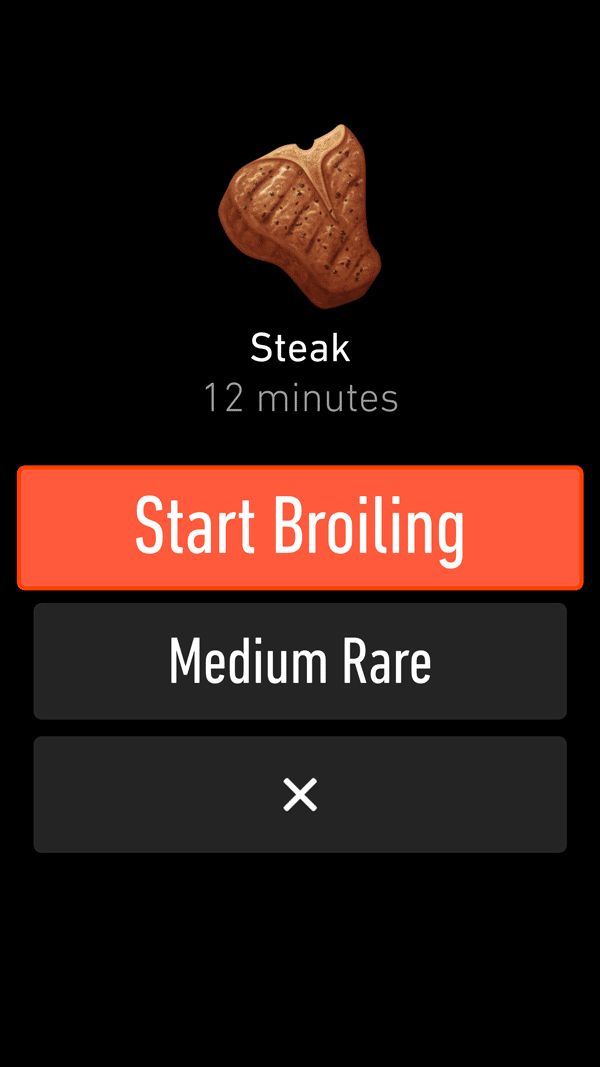 Cook program screen for Steak with message Steak (12 minutes), with Start Broiling button highlighted and Medium Rare and exit button