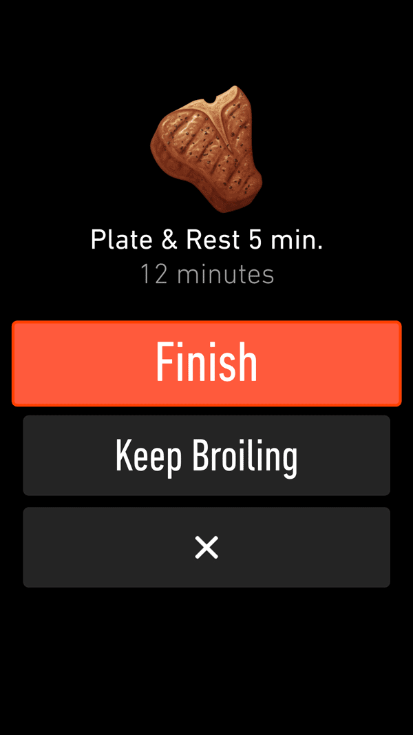 Cook program screen for Steak with message plate and rest 5 minutes (out of 12 minutes), with Finish button highlighted and Keep Broiling and exit buttons