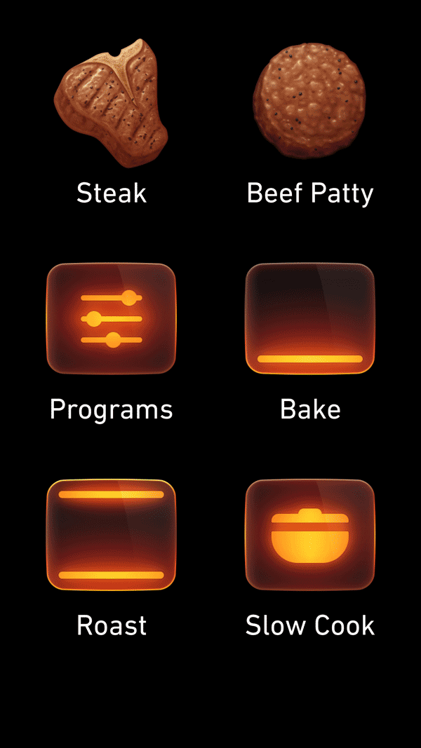 Oven menu with Steak and Beef Patty buttons and Programs, Roast, Bake and Slow Cook buttons
